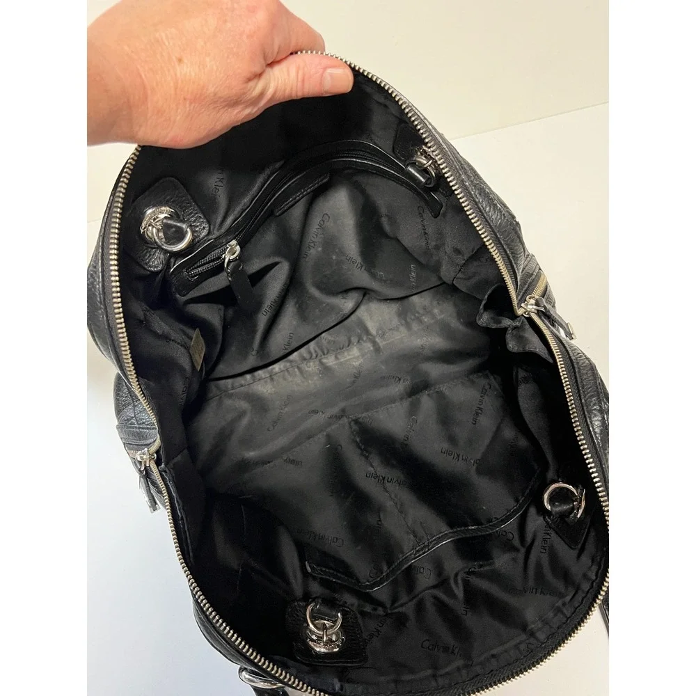 Calvin Klein Black Quilted Leather Satchel Bag Silver Chain Tassel Charm Handbag